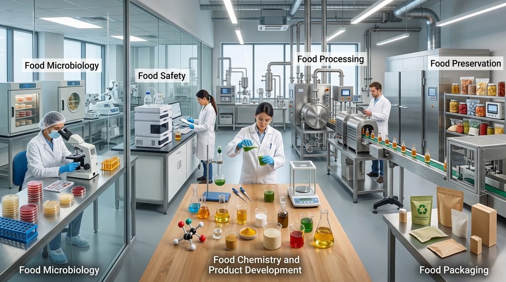 Major branches of food science including chemistry microbiology processing and food safety