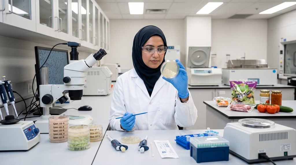 Food scientist performing microbiological testing to support food safety